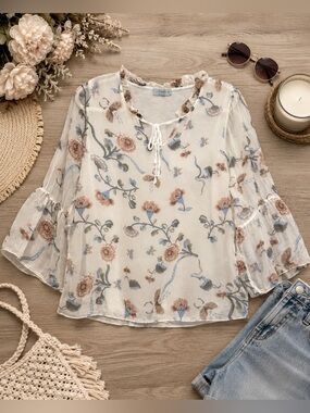Angela Moda Made in Italy 100% Silk Floral Blouse | Sheer Tie Neck Top | Size M